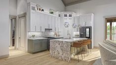 a kitchen with white cabinets and an island in the middle of the room that has chairs around it