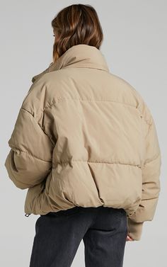 Windsor Puffer Jacket in Beige | Showpo Sporty Puffer Jacket With Padded Collar For Outdoor Activities, Trendy Quilted Nylon Outerwear, Trendy Nylon Quilted Outerwear, Sporty Quilted Nylon Puffer Jacket, Spring Functional Puffer Jacket For Streetwear, Functional Spring Puffer Jacket For Streetwear, Functional Fall Puffer Jacket With Zipper Closure, Spring Functional Streetwear Puffer Jacket, Sporty Puffer Jacket With Padded Collar For Streetwear