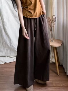 Babakud Women Dark Brown Trendy High- Waist Pants Brown Baggy Bottoms For Loungewear, Brown High Waist Relaxed Fit Bottoms, Brown Relaxed Fit Trousers, Brown Wide Leg Bottoms With Relaxed Fit, Baggy Brown Pants For Loungewear, Baggy Brown Bottoms With Elastic Waistband, Baggy Brown Long Pants, Baggy Brown Ankle Pants, High-waist Cotton Harem Pants In Brown