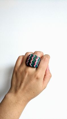 Unique ring. 80's fashion style. Vintage inspired ring. | Etsy Handmade Multicolor Resin Rings, Handmade Adjustable Retro Rings, Retro Handmade Adjustable Ring, Retro Green Ring As Gift, Handmade Retro Rings As Gift, Retro Green Ring For Gift, Handmade Vintage Resin Rings, Unique Handmade Adjustable Enamel Ring, Unique Handmade Green Rings