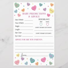 a baby advice card with hearts on it