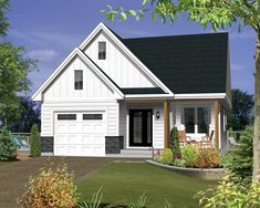 this is a computer rendering of the front of a house with porches and garage