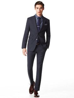 Modern Slim-Fit Navy Wool Suit // Banana Republic Slim Fit Lapel Collar Outerwear With Single Button, Slim Fit Single Button Outerwear With Lapel Collar, Slim Fit Outerwear With Lapel Collar And Single Button, Business Slim Fit Outerwear With Button Closure, Tailored Suits With Pockets For Office Wear, Modern Long Sleeve Suits With Welt Pockets, Business Sport Coat With Lapel Collar And Welt Pockets, Single Breasted Slim Fit Business Outerwear, Business Sport Coat With Patch Pockets And Notch Lapel