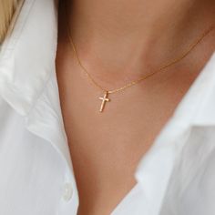 Diamond Cross Necklace-Solid Gold Cross Necklace with Diamonds-Tiny Christening Necklace-Baptism Cross Necklace-Christmas Gift This 14Κ Yellow Gold diamond cross necklace is beautifully handmade with love and it can be worn daily as a symbol of devotion or as a fashionable expression of faith. It can be gifted for a baptism, confirmation, or a birthday gift. ›› Item Details: › Made to Order › Gold Kt: 14K (also available in 9K & 18K) › Available Gold Color: White Gold, Yellow Gold, Rose Gold Gold Diamond Cross Necklace, Cross Necklace Gold, Hand Jewelry Rings, Diamond Cross Necklace Gold, White Diamond Necklace, Diamond Cross Necklace, Pretty Jewelry Necklaces, Diamond Cross Necklaces, Diamonds Necklace