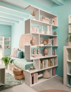 a living room filled with lots of furniture and bookshelves on top of each other