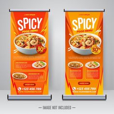 two roll up banners with the words spicy and food menu written below each one on it