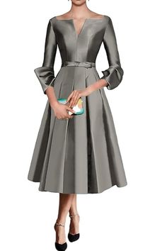 A-Line Elegant Mother of The Bride Dress Satin Formal Wedding Guest 34 Length Sleeve V Neck Tea Length Dress 2024 Conference Outfit, Mother Of Groom Outfits, Gaun Dress, Elegant Mother Of The Bride, Formal Wedding Guests, Wedding Guest Formal, V Neck Cocktail Dress, Elegant Cocktail Dress, Long Sleeve Evening Gowns