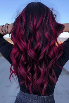 Black And Burgundy Hair Ideas, Hair Lights For Dark Hair Brunettes, Plum Hair Color With Money Piece, Long Red Balayage Hair, Dark Fun Colored Hair, Christmas Hair Dye Ideas, Brunette Hair With Blonde And Red Highlights, Vibrant Winter Hair Color, Dark Hair With Colorful Highlights