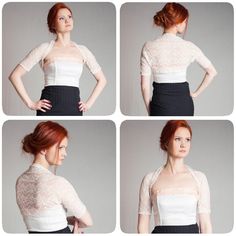 four different pictures of a woman with red hair wearing a white top and black skirt