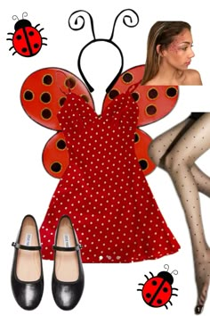 a ladybug dress with polka dots and black shoes is featured in this image