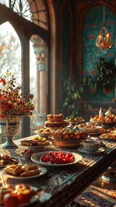 a table filled with lots of food on top of a wooden table next to a window