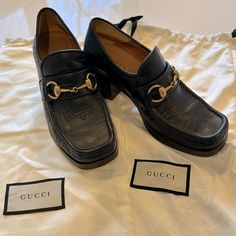 Classic Gucci Loafer With A Twist - Can Be Worn As A Shoe Or As A Slip On/Mule Style With Collapsible Back Square Toe, Rounded Edges, Classic Gucci Horsebit Detail 2.16” Stacked Block Heel All Leather Upper, Lining & Sole Size 35.5 Fits Up To 6.5 Foot Gucci Dust Bags Included Uber Comfortable To Wear And Walk In Heel Loafers, Gucci Heels, Gucci Horsebit, Slip On Mules, Gucci Black, Heeled Loafers, Gucci Shoes, Mid Heel, Mule