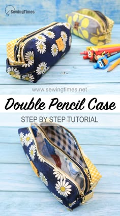 the double pencil case is made from fabric and has flowers on it