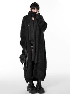 ❤︎Dark crazy casual fur extra long cardigan coat with knit scarf❤︎ Minimalist Punk Fashion, Black Fur Coat Outfit, Winter Goth, Extra Long Cardigan, Long Cardigan Outfit, Minimalist Goth, Long Cardigan Coat, Black Fur Coat, Long Fur Coat