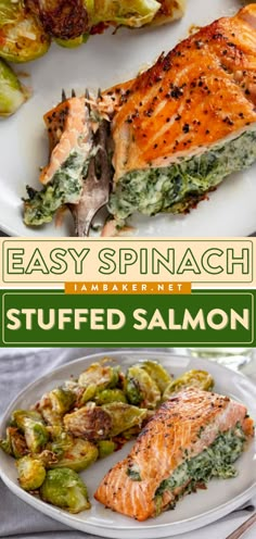 easy spinach stuffed salmon with brussel sprouts