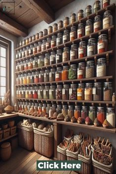 the shelves are filled with jars and spices