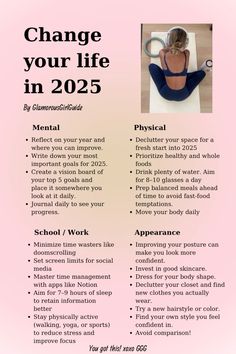 Want to change your life in 2025?💕 Here’s your ultimate guide to leveling up in the new year! Make 2025 YOUR year!!💫  — glow up plan, glow up checklist, glow up ideas, 2025 glow up, glow up routine, physical glow up, mental glow up, emotional glow up, glow up tips, glow up aesthetic, glow up tips for teens, glow up guide, glow up challenge, hair care, skin care, self care, that girl, clean girl self developement, self improvement, change your life, new year new me, 2025 vision board aesthetic 2025 goals —