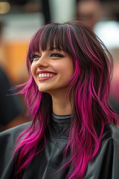 Vivid Color Bangs, Bangs Different Color Than Hair, Tapered Bangs, Hair Ideas With Bangs, Tapered Layers, Layered Hair Ideas, Colored Bangs, Long Layered Hair With Bangs, Reddish Brown Hair Color