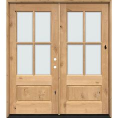 a pair of double doors with glass panels on the front and back sides, both in light wood