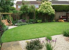 a backyard with grass, gravel and trees