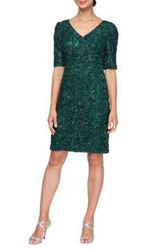 Make a lovely entrance in this sheath dress showcasing beautiful soutache-embellished fabric that's flecked with shimmering sequins. 36" length (size 8) Hidden back-zip closure V-neck Elbow-length sleeves Partially lined 100% nylon Hand wash, line dry Imported Alex Evenings, Mother Of The Bride Dress, Elbow Sleeve, Party Guests, Elbow Length Sleeve, Wedding Guests, Types Of Dresses, Nordstrom Dresses, Mother Of The Bride Dresses