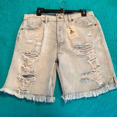 Easel Destroyed Denim Shorts. New With Tags! Size Large. Spring Ripped Short Jeans, Distressed Jean Shorts With Straight Leg For Summer, Distressed Denim Knee-length Shorts, Distressed Straight Leg Jean Shorts For Summer, Summer Jean Shorts Distressed Straight Leg, Summer Distressed Straight Leg Jean Shorts, Summer Straight Leg Distressed Jean Shorts, Spring Distressed Denim Blue Shorts, Distressed Washed Blue Jean Shorts