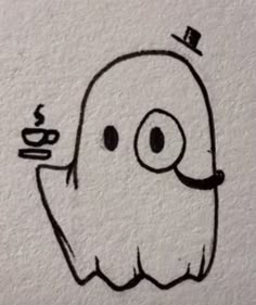 a drawing of a ghost with a cup of coffee in his hand and a top hat on its head