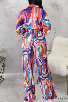 Lasaky - Stylish Multicolor Patchwork Long Sleeve Two-Piece Set with Sexy Print and Folded Turn-down Collar Trendy Multicolor Party Sets, Multicolor Stretch Party Sets, Multicolor Printed Long Sleeve Jumpsuits And Rompers, Multicolor Printed Party Bottoms, Multicolor Long Sleeve Sets With Patchwork, Casual Multicolor Party Sets, Multicolor Long Sleeve Jumpsuits And Rompers For Spring, Spring Multicolor Patchwork Sets, Trendy Multicolor Long Sleeve Sets