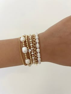 Freshwater pearls mixed with 14k gold filled beads to add a statement to your stack this season 6.5 inches & stretches Preppy Jewelry, Bracelet Stacks, Wrist Jewelry, Vintage Jewelry Necklace, Snake Jewelry, Jewelry Accessories Ideas, Gold Jewelry Necklace, Jewelry Essentials, Stacked Jewelry