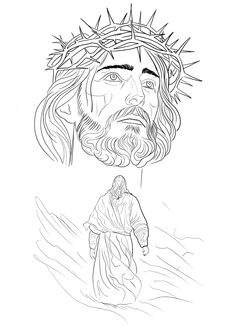 the face of jesus is depicted in this black and white drawing