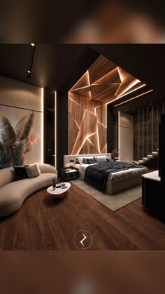 a modern bedroom with wood flooring and white bed in the center, surrounded by black walls