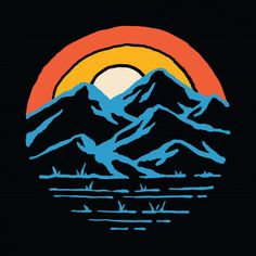 the mountains are silhouetted against an orange and blue sunset in this graphic art work