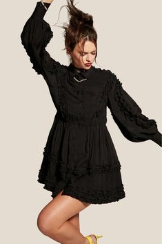 Black Ruffled Shirt Dress – CHAXA Chic Fitted Dress With Ruffled Collar, Chic Knee-length Ruffle Dress For Casual Occasions, Elegant Ruffled Mini Dress For Work, Elegant Mini Dress With Ruffles For Work, Elegant Workwear Dresses With Ruffled Collar, Elegant Ruffled Collar Spring Dress, Elegant Ruffle Dress With Ruffled Collar For Spring, Elegant Fitted Ruffle Dress With Ruffled Collar, Chic Ruffled Collar Dress For Workwear