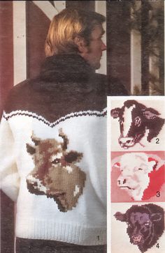 an image of a woman wearing a sweater with animals on it and the pattern is in progress