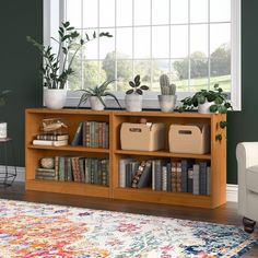 a living room with bookshelves and plants on the top shelf in front of a window