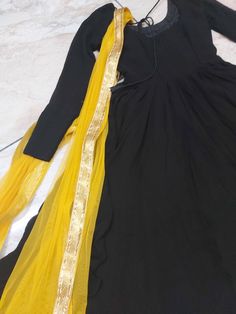 Stylish black anarkali with yellow dupatta/party wear | Etsy Black Anarkali Suits Simple, Black Anarkali Unstitched Suit For Formal Occasions, Black Anarkali Unstitched Suit, Black Anarkali For Puja, Black Plain Anarkali Dress, Yellow Dupatta, Black Anarkali, Indian Salwar Suit, Indian Salwar