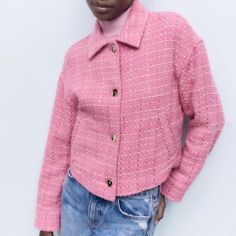 Nwt Zara Pink Textured Jacket Size Xs Collared Overshirt With Long Cuffed Sleeves. Front Welt Pockets. Sequin And Metallic Thread Details. Front Fastening With Metal Buttons. Can Be Worn As A Shirt Or Shacket/Jacket! Chic Pink Long Sleeve Cropped Jacket, Winter Pink Single-breasted Blazer, Chic Pink Cropped Jacket For Spring, Pink Blazer With Pockets, Pink Fitted Cropped Jacket With Long Sleeves, Pink Long Sleeve Blazer With Pockets, Fitted Pink Cropped Jacket With Long Sleeves, Pink Single Breasted Winter Outerwear, Pink Single-breasted Winter Outerwear