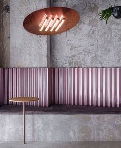 a bench with lights hanging from the ceiling above it and a potted plant next to it