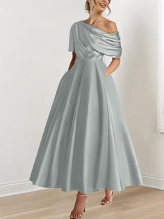 A-Line/Princess One-shoulder Half Sleeve Ankle-Length Mother of the Br - Mondressy Fancy Woman, Dresses With Bow, Dresses With Ruffles, Tea Length Wedding Dresses, Mog Dresses, Mother Of Bride Outfits, Mother Of The Bride Dresses Long, Tea Length Wedding, Dress Suits For Men