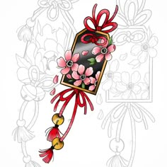 a drawing of a flower with a tag attached to it's neck and two bells hanging from the side