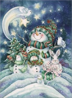 a christmas card with snowmen and rabbits in the snow, surrounded by stars and trees