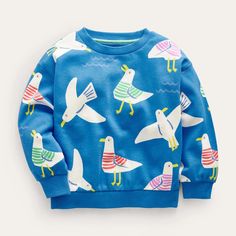 Nwt Mini Boden Supersoft Printed Sweatshirt-Directoire Blue Seagulls. Adoralbe! A Comfortable Relaxed Fit Blu: Main 100% Cotton Blu: Rib 97% Cotton 3% Elastane Machine Washable Cross-Posted. Playful Long Sleeve Sweatshirt With Cartoon Print, Blue Casual Sweatshirt With Cartoon Print, Multicolor Long Sleeve Top With Cartoon Print, Cute Long Sleeve Blue Tops, Playful Blue Long Sleeve Top, Blue Long Sleeve Playful Top, Playful Crew Neck Sweater With Cartoon Print, Playful Multicolor Long Sleeve Sweatshirt, Playful Long Sleeve Blue T-shirt