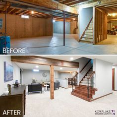 before and after photos of an unfinished basement remodel with wood floors, white walls, and stairs