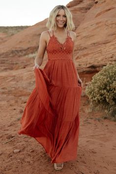 Summerlin Lace Top Maxi Dress | Rust Moh Dress, Boho Sundress, Bridesmaid Dresses Boho, Baltic Born, Tiered Maxi Skirt, Rust Dress, Flowy Maxi Dress, Maxi Styles, Boho Lace