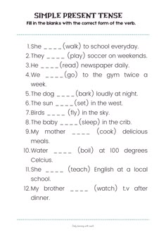 an english worksheet with the words simple present tense and other things in it