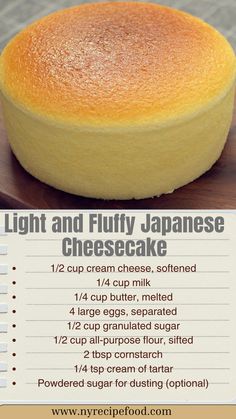 This airy Japanese cheesecake is soft, fluffy, and delicately sweet with a melt-in-your-mouth texture. Perfect for a delightful dessert or tea-time treat.  Preheat oven to 320°F (160°C). Line and grease a 7-inch round cake pan, and prepare a hot water bath. In a bowl, melt together cream cheese, milk, and butter until smooth. Whisk in egg yolks, then gently fold in flour and cornstarch. In a separate bowl, beat egg whites with cream of tartar, gradually adding sugar until soft peaks form. Gently fold into the batter. Pour batter into the pan, place in the water bath, and bake for 50-60 minutes, or until set. Cool, dust with powdered sugar, and enjoy!  #JapaneseCheesecake #FluffyDessert Light And Fluffy Japanese Cheesecake, Cheesecake Recipes Japanese, Milk And Egg Cake, How To Make Japanese Cheesecake, Japan Dessert Recipe, One Bowl Cakes, Mini Sponge Cake Recipes, Milk Egg Cake, Dessert Recipes Written