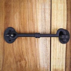 a close up of a door handle on a wooden door