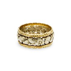 Antique 14K Yellow Gold Flower Engraved Wedding Band | Fred Leighton Carved 14k Gold Jewelry, Traditional Etched Yellow Gold Engraved Ring, Traditional Yellow Gold Engraved Ring, Heirloom Yellow Gold Carved Engraved Ring, Ornate Yellow Gold Jewelry With Decorative Band, Ornate Gold Jewelry With Decorative Band, Traditional Engraved Yellow Gold Ring, Ceremonial Yellow Gold Carved Engraved Ring, Carved 14k Gold Jewelry For Wedding