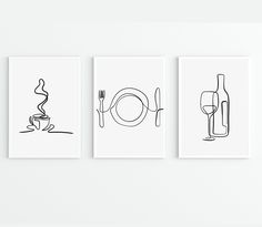 three black and white prints with food, drink and utensils on the wall