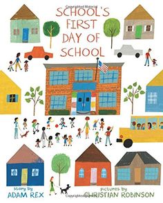 the cover of school's first day of school, with illustrations of people and buildings